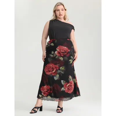 Bloomchic Women's Plus Size Romantic Rose Print Elastic Mesh Maxi Skirt Black See Through Skinny Fit Elegant 1