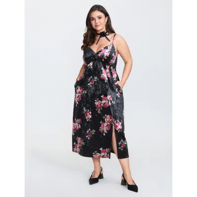 Bloomchic Women's Plus Size Romantic Rose Velvet Pockets Midi Dress Blackflower Floral Maxi Elegant Cable Knit