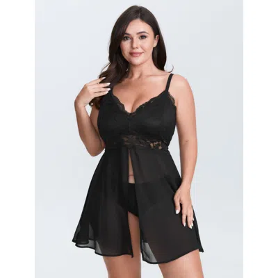 Bloomchic Women's Plus Size Romantic Sheer Front Slit Lace Nightgown Black Sleeveless Length Sweetheart Neck 1