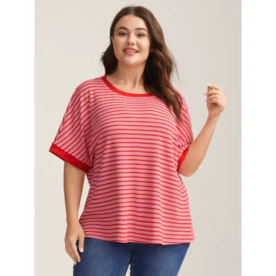 Bloomchic Women's Plus Size Romantic Stripes Contrast T-shirt Blush Stripes Casual Short Sleeve Round Neck 12/ In Pink