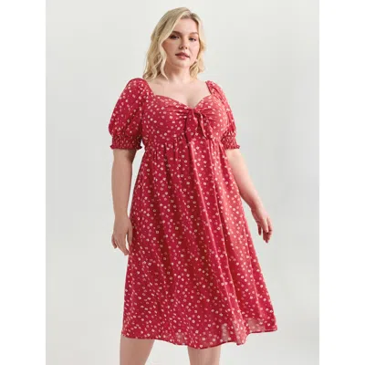 Bloomchic Women's Plus Size Romantic Summer Floral Print Tie Midi Dress Crimson Ditsy Floral Midi Elegant 22-2 In Red