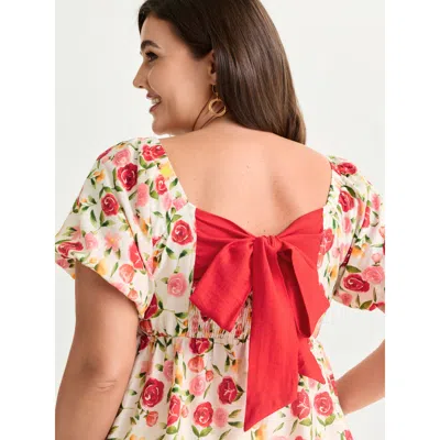 Bloomchic Women's Plus Size Rose Print Bubble Sleeve Babydoll Blouse Originalwhite Ditsy Floral Elegant Short 