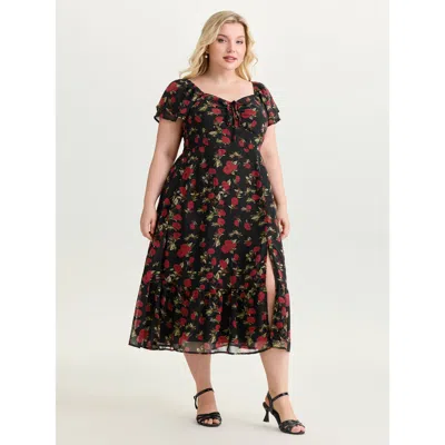 Bloomchic Women's Plus Size Rose Print Bustier Drawstring Midi Dress Black Ditsy Floral Midi Elegant Gathered 