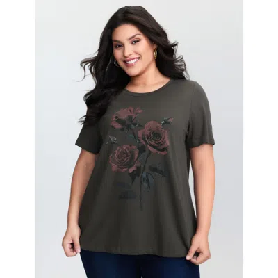 Bloomchic Women's Plus Size Rose Print Distressed Wash T-shirt Dimgray Non Casual Short Sleeve 10/m