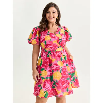 Bloomchic Women's Plus Size Rose Print Fit And Flare Mini Dress Peach Ditsy Floral Midi Elegant Smocked 22-24/ In Orange