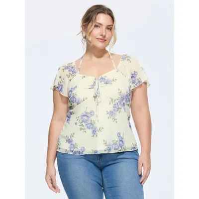 Bloomchic Women's Plus Size Rose Print Neck-tie Sweetheart Knit Top Beige Short Sleeve Elegant Sweetheart Neck In Sand