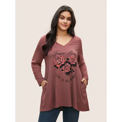 Bloomchic Women's Plus Size Rose Print Pocket Raglan Sleeve Tunic T-shirt Russet Long Sleeve Everyday 12/l In Brown