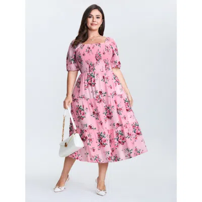 Bloomchic Women's Plus Size Rose Print Stretchy Waist Shirred Midi Dress Watermelon Ditsy Floral Midi Elegant  In Green