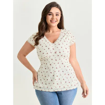 Bloomchic Women's Plus Size Rose Print V-neck Knit Top Originalwhite Short Sleeve Elegant V-neck 18-20/2x