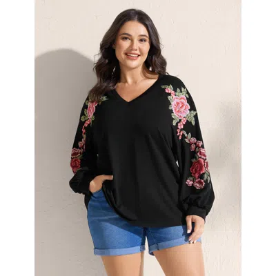 Bloomchic Women's Plus Size Rosy Embroidered Puffy Sleeve Sweatshirt Black Floral Casual 10/m