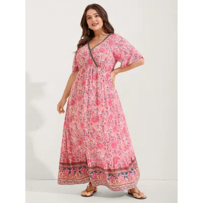 Bloomchic Women's Plus Size Rosy Floral Print Lace Maxi Dress Blush Floral Maxi Vacation Lace Trim 10/m In Pink