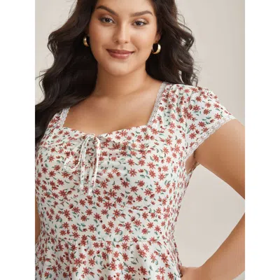 Bloomchic Women's Plus Size Rosy Floral Print Neck Tie Knit Top Whitesmoke Short Sleeve Elegant Sweetheart Nec