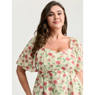 Bloomchic Women's Plus Size Rosy Floral Print Sweetheart Neckline Shirred Blouse Apricot Ditsy Floral Elegant  In Orange