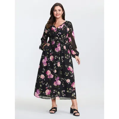 Bloomchic Women's Plus Size Rosy Pattern Pleated Waist Maxi Dress Black Ditsy Floral Maxi Elegant See Through 