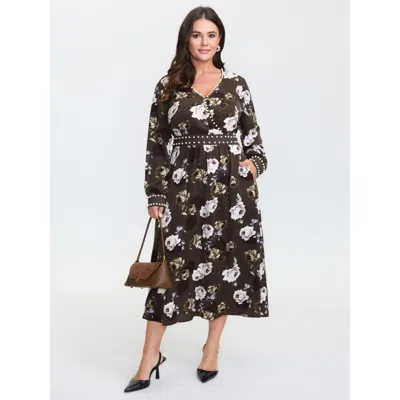 Bloomchic Women's Plus Size Rosy Print Pearl Detail Cinched-waist Midi Dress Darkbrown Floral Maxi Elegant Ove In Brown