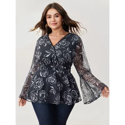 Bloomchic Women's Plus Size Rosy Romance Cinched Flared Blouse Black Floral Elegant Long Sleeve V-neck 30/6x