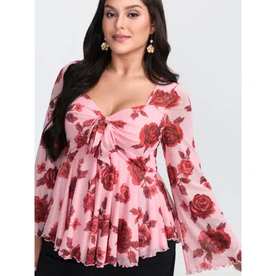 Bloomchic Women's Plus Size Rosy Romance Sweetheart Neckline Stretchy Blouse Blush Floral Elegant Long Sleeve  In Pink