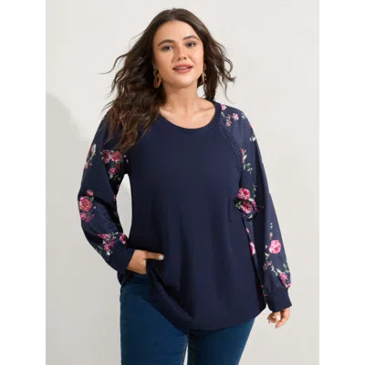 Bloomchic Women's Plus Size Rosy Sleeve Textured Lace Solid Sweatshirt Darkblue Not Graphics Vacation 14-16/1x In Blue