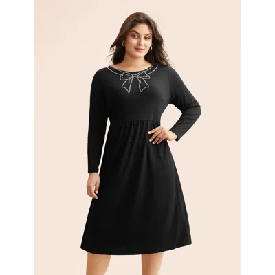 Bloomchic Women's Plus Size Round Neck Bowknot Rhinestone Dress Black Non Midi Casual Rhinestone Detailing 22-