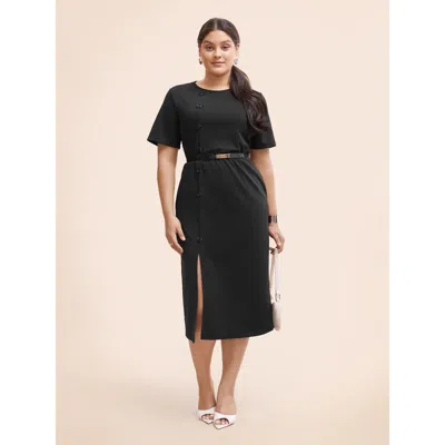 Bloomchic Women's Plus Size Round Neck Button Detail Split Hem Dress Black Non Midi Office Button 22-24/3x