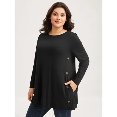Bloomchic Women's Plus Size Round Neck Button Slim-fit Knit Top Black Long Sleeve Casual Round Neck 12/l