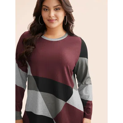 Bloomchic Women's Plus Size Round Neck Colorblock Contrast T-shirt Burgundy Color Block Casual Long Sleeve Rou