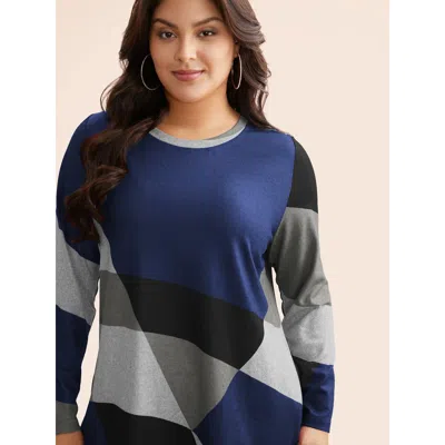Bloomchic Women's Plus Size Round Neck Colorblock Contrast T-shirt Darkblue Color Block Casual Long Sleeve Rou In Blue