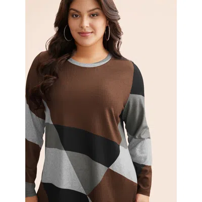 Bloomchic Women's Plus Size Round Neck Colorblock Contrast T-shirt Darkbrown Color Block Casual Long Sleeve Ro In Brown