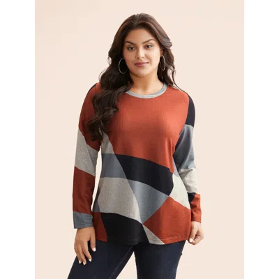 Bloomchic Women's Plus Size Round Neck Colorblock Contrast T-shirt Multicolor Color Block Casual Long Sleeve R