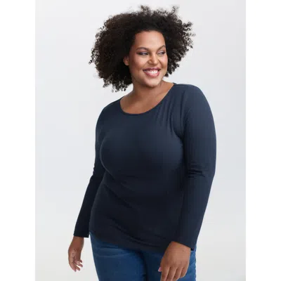 Bloomchic Women's Plus Size Round Neck Full Sleeve T-shirt Indigo Synthetic Texture Casual Extra Long Sleeve 1 In Purple