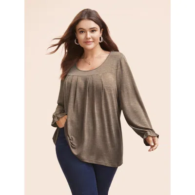 Bloomchic Women's Plus Size Round Neck Heather Pleated T-shirt Darkbrown Solid Casual Long Sleeve Scoop Neck 1 In Brown