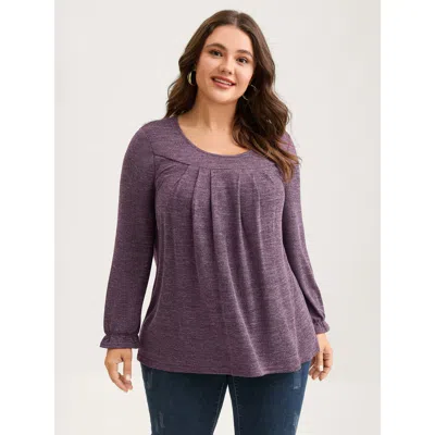 Bloomchic Women's Plus Size Round Neck Heather Pleated T-shirt Eggplant Solid Casual Long Sleeve Scoop Neck 22 In Purple