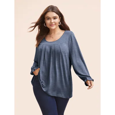 Bloomchic Women's Plus Size Round Neck Heather Pleated T-shirt Indigo Solid Casual Long Sleeve Scoop Neck 26/4 In Purple