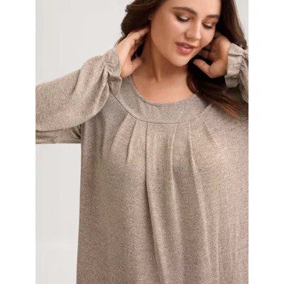 Bloomchic Women's Plus Size Round Neck Heather Pleated T-shirt Lightbrown Solid Casual Long Sleeve Scoop Neck  In Brown