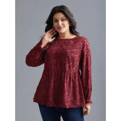 Bloomchic Women's Plus Size Round Neck Jacquard Plisse Ruched Blouse Scarlet Synthetic Texture Everyday Long S In Red