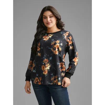 Bloomchic Women's Plus Size Round Neck Natural Flowers Slightly Stretchy Sweatshirt Black Natural Flowers Ever