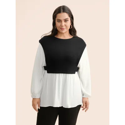 Bloomchic Women's Plus Size Round Neck Patchwork Contrast Gathered Blouse Multicolor Non Everyday Long Sleeve 