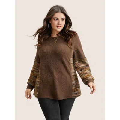 Bloomchic Women's Plus Size Round Neck Patchwork Heather Fluffy Sweatshirt Darkbrown Plain Dailywear 12/l In Brown