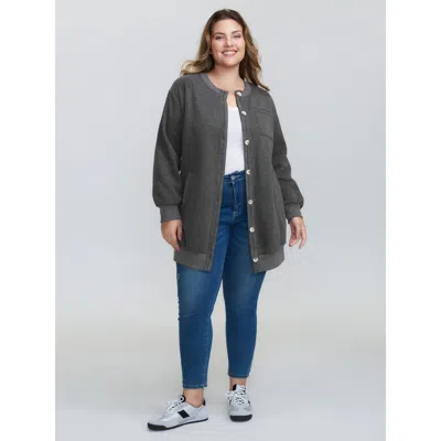Bloomchic Women's Plus Size Round Neck Ribbed Hem Button Jacket Darkgray Button H-line 10/m In Gray