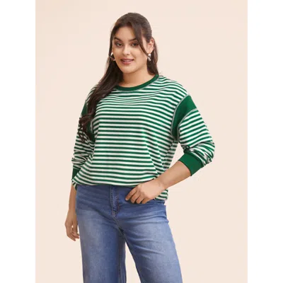 Bloomchic Women's Plus Size Round Neck Striped Patchwork Stitch Sweatshirt Truegreen Casual 10/m