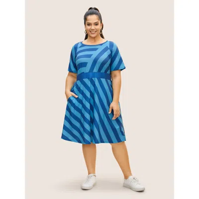Bloomchic Women's Plus Size Round Neck Striped Raglan Sleeve Dress Teal Stripes Midi Everyday 12/l In Blue