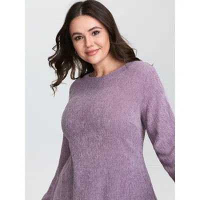 Bloomchic Women's Plus Size Round Neck Textured Fitted T-shirt Mauve Solid Casual Long Sleeve Round Neck 14-16 In Purple