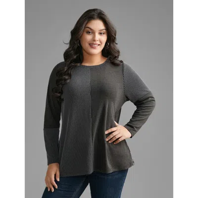 Bloomchic Women's Plus Size Round Neck Textured Patchwork T-shirt Black Geometric Everyday Long Sleeve 10/m