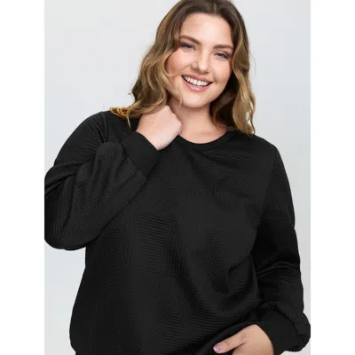 Bloomchic Women's Plus Size Round Neck Textured Solid Sweatshirt Black Casual 10/m