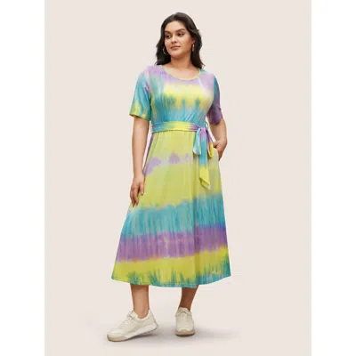 Bloomchic Women's Plus Size Round Neck Tie Dye Belted Pocket Dress Multicolor Tie-dye Everyday Belted 22-24/3x