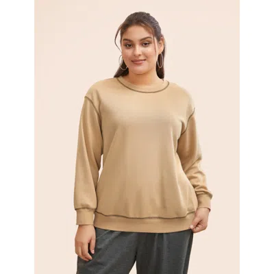 Bloomchic Women's Plus Size Round Neck Topstitching Patchwork Sweatshirt Champagne Casual 10/m In Gold