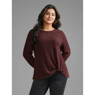 Bloomchic Women's Plus Size Round Neck Waffle Knit Twist Front T-shirt Deepred Non Everyday Long Sleeve 30/6x In Red