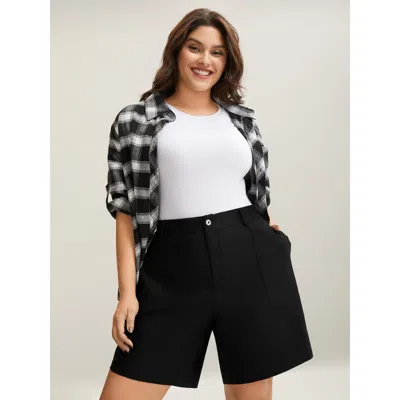 Bloomchic Women's Plus Size Rubber Waist Zipper Pockets Shorts Black Casual Straight Fit Button Shorts 10/m
