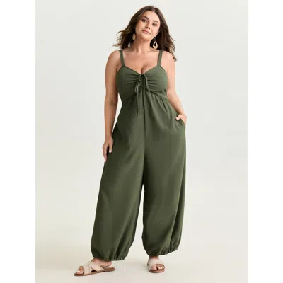 Bloomchic Women's Plus Size Ruched Adjustable Drawstring Bust Cuffed Jumpsuit Armygreen Vacation 10/m