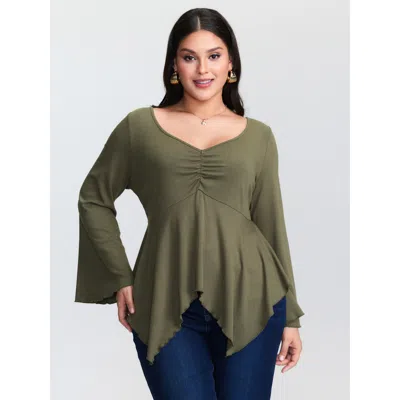 Bloomchic Women's Plus Size Ruched Bodice Asymmetrical Hem Knit Top Armygreen Long Sleeve Elegant 10/m